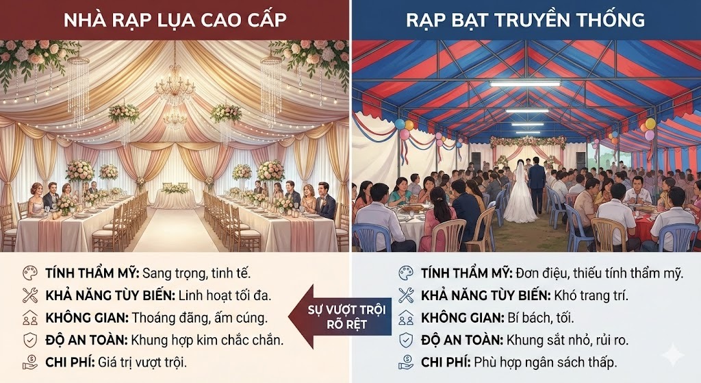 Nhà Rạp Lụa Là Gì? Cập nhật xu hướng & báo giá 2026 3 Tại sao Nhà Rạp Lụa vượt trội hơn hẳn rạp cưới truyền thống?