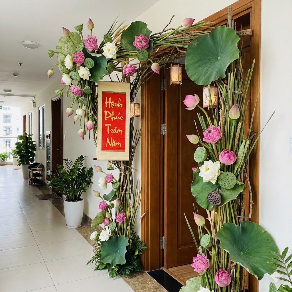 Cổng hoa mini kết từ những búp sen hồng e ấp hay những đóa sen trắng thanh khiết, điểm xuyết cùng lá và đài sen, tạo nên một tác phẩm nghệ thuật trang trọng và vô cùng ý nghĩa.